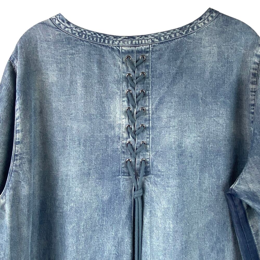 John Mark Chambray Shift Dress Size L Art To Wear Boho Lace Up Back - Picture 4 of 10